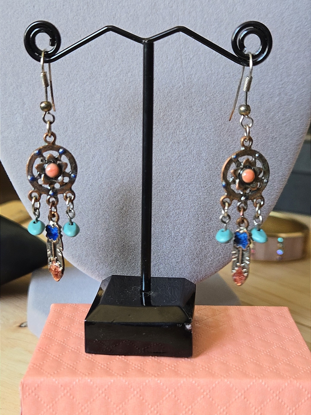 Boho Turquoise & Coral Style Dreamcatcher Dangle Earrings - Women Jewelry